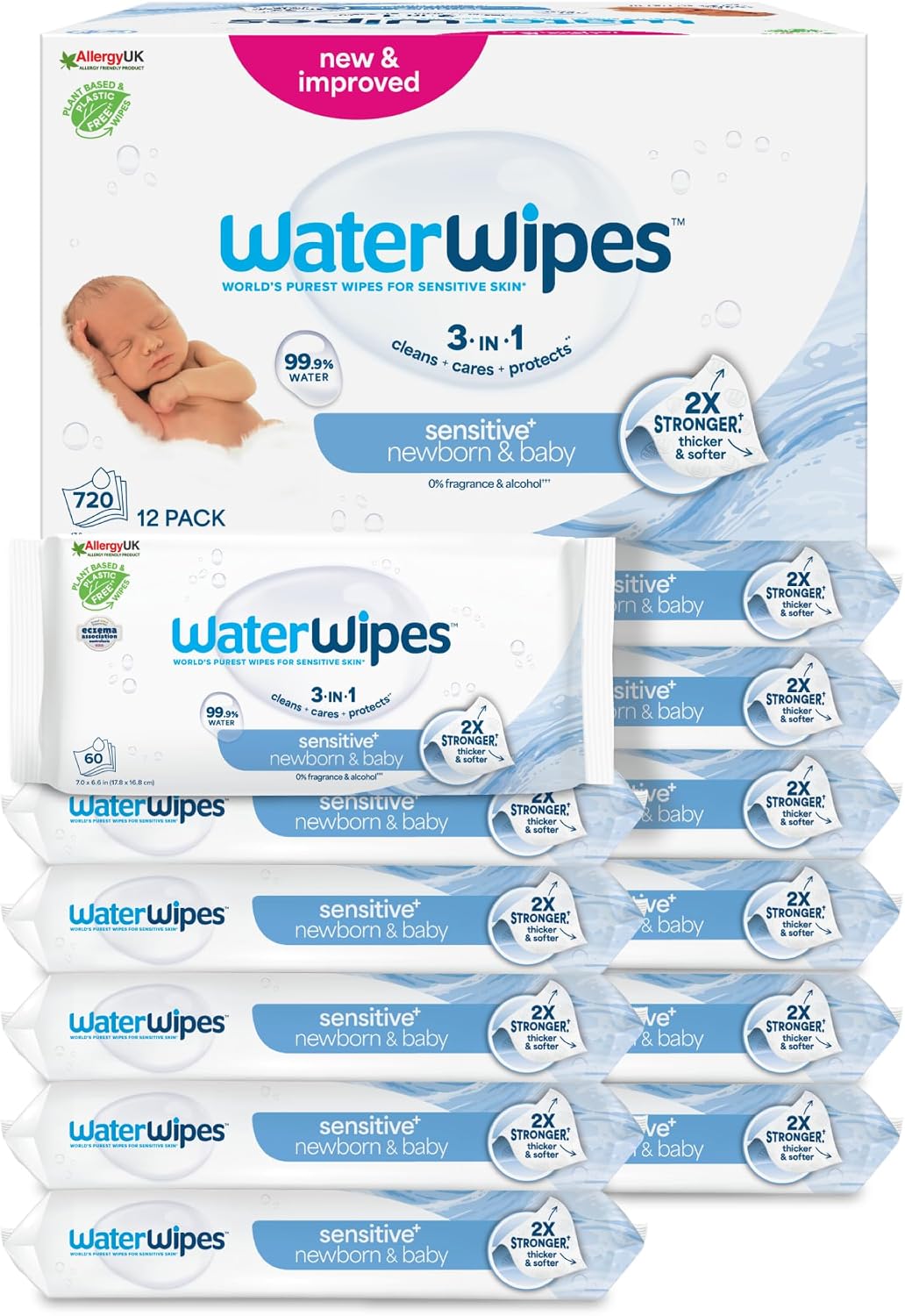 WaterWipes Sensitive+ Newborn & Baby Wipes, 99.9% Water, Unscented, 12 Pack